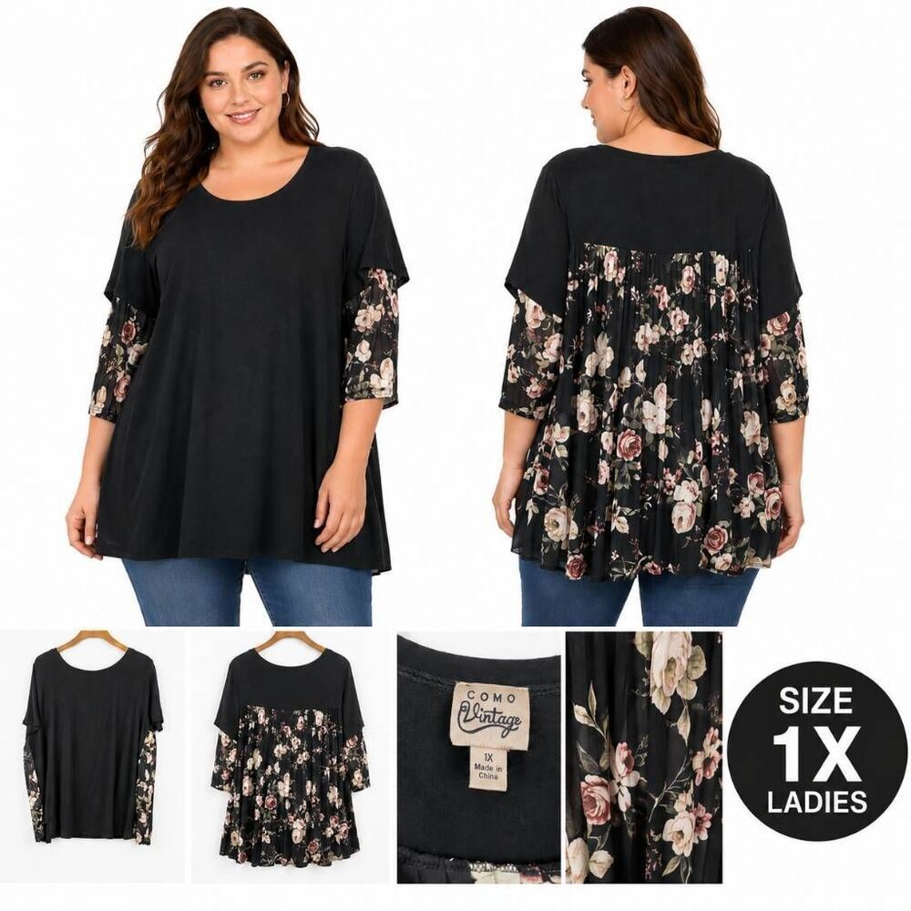 Como Vintage Floral Pleated Top 1X Black